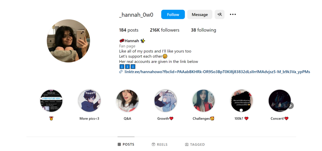 Hannahowa Instagram homepage